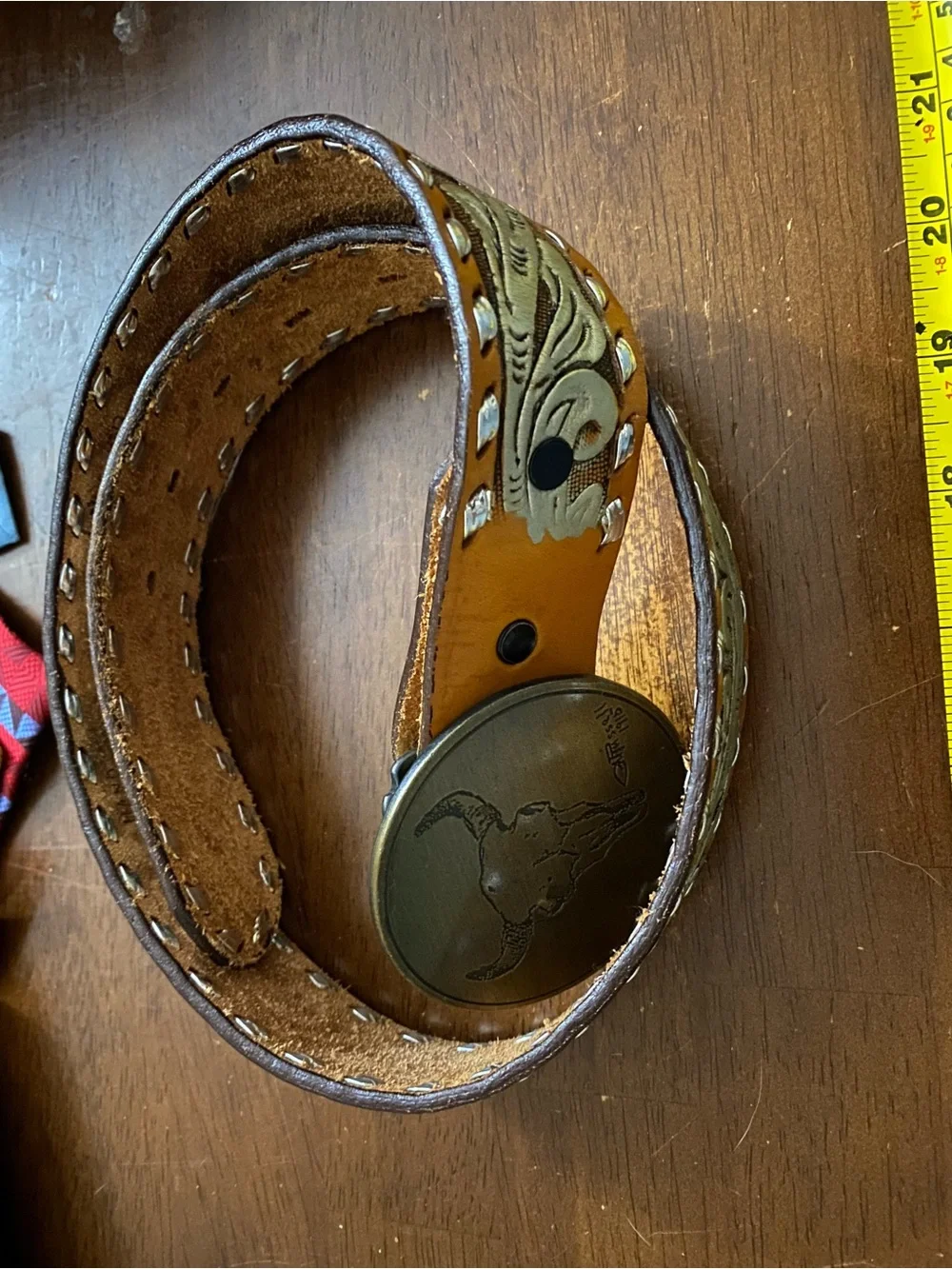 Women's Brown Leather Belt with Embossed Floral Detail and Brass Buckle